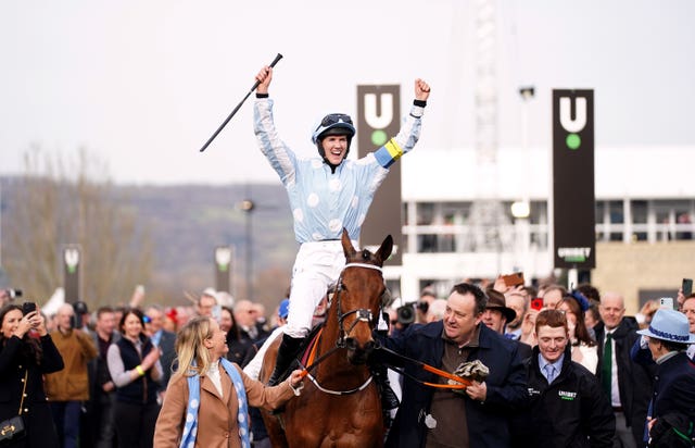 Rachael Blackmore celebrates aboard Honeysuckle last year