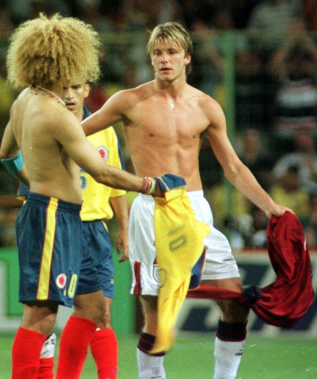 David Beckham (right) scored against Colombia at the 1998 World Cup (Adam Butler/PA).