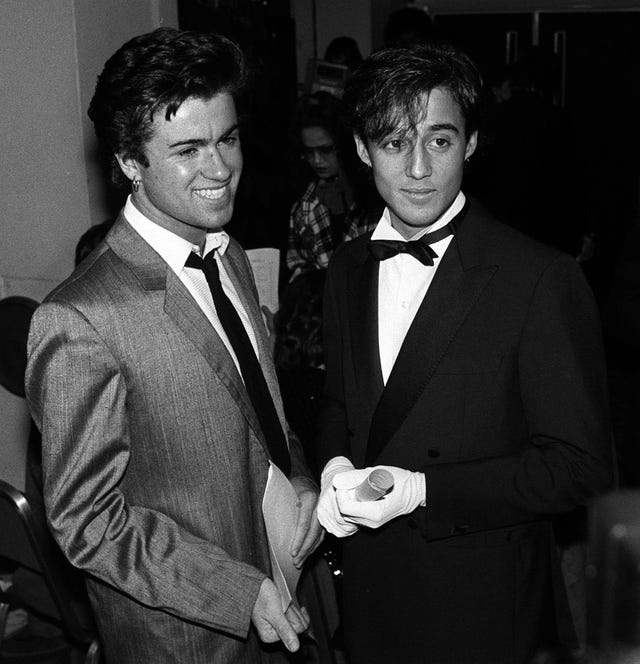 Black and white of George Michael and Andrew Ridgeley 