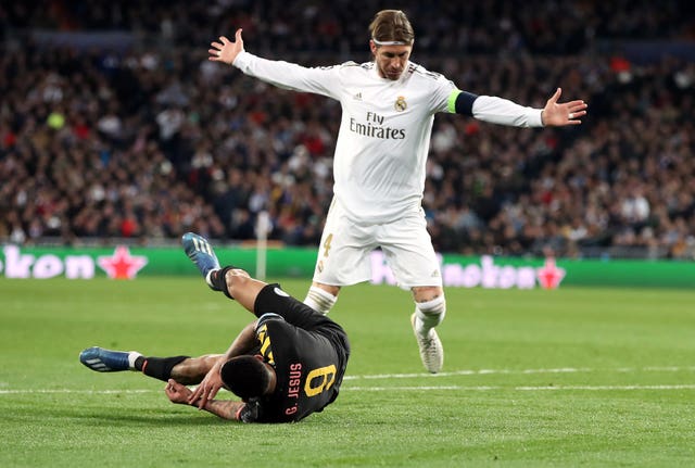 Sergio Ramos was sent off in the closing stages of the first leg for a foul on Gabriel Jesus