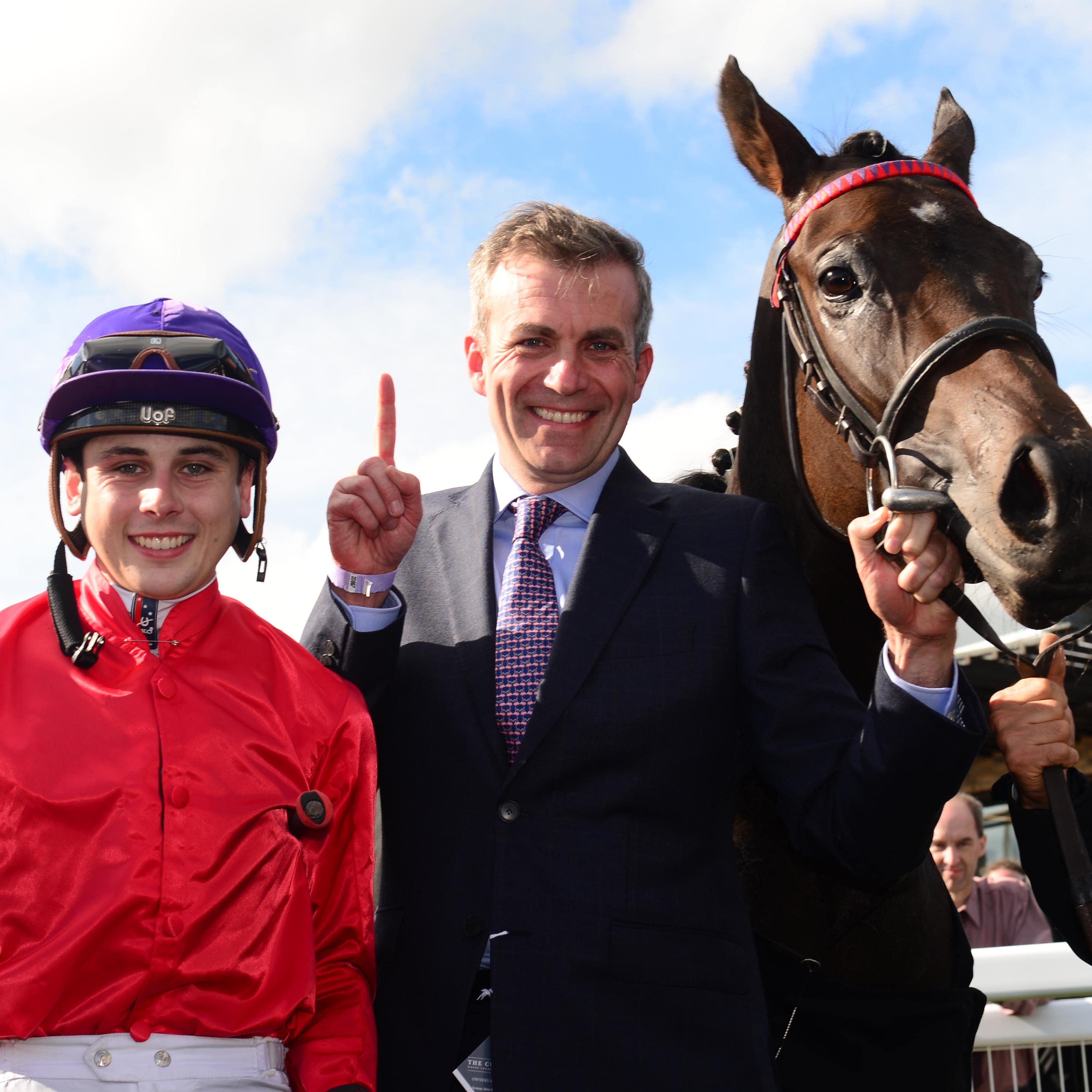 Ronan Whelan and Patrick Prendergast celebrate victory at the Curragh with Skitter Scatter