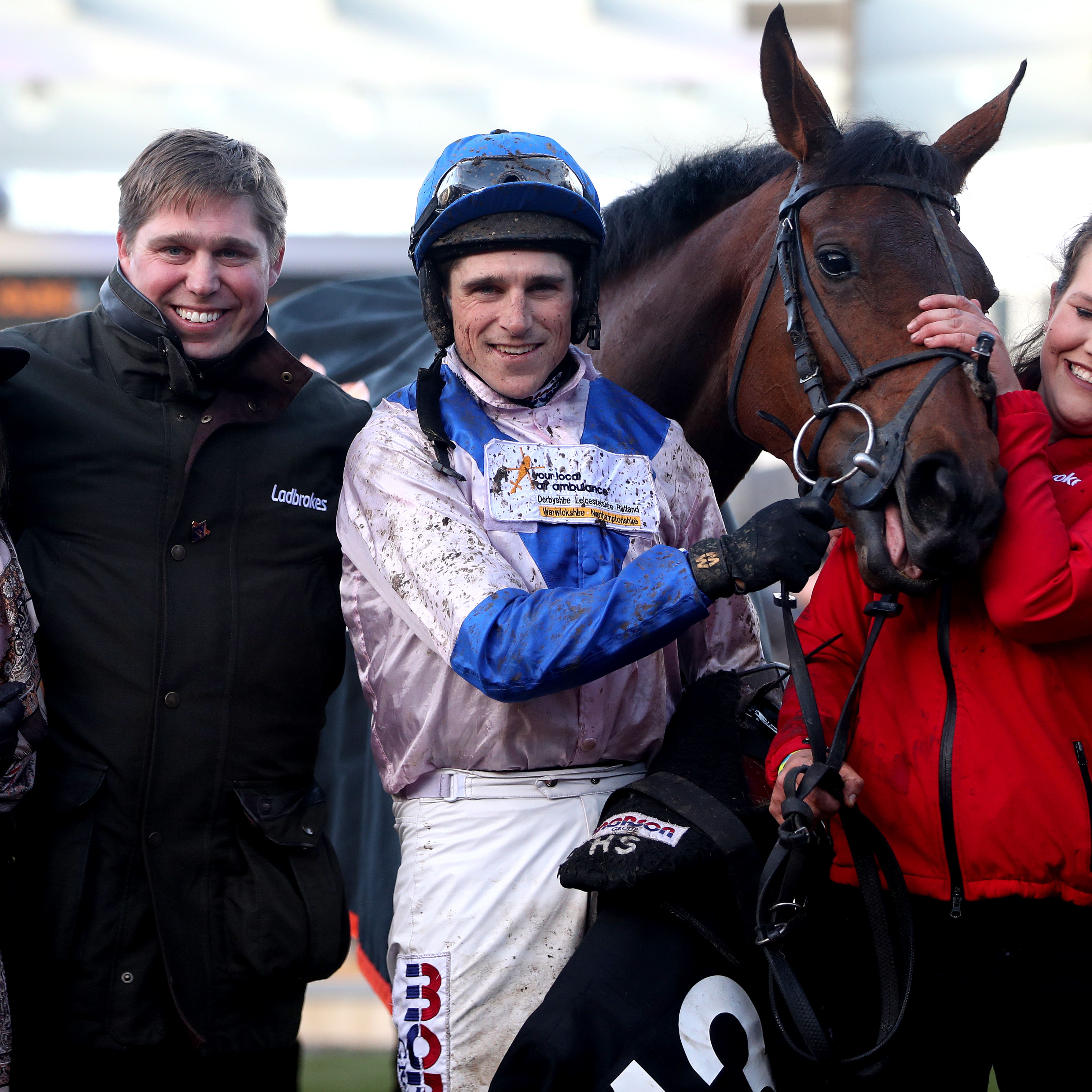 Harry Skelton and Dan Skelton celebrate the Cheltenham Festival victory of Roksana