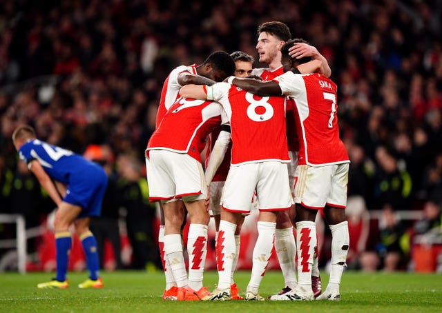 Arsenal’s Kai Havertz celebrates scoring their side’s fourth goal of the game with team-mates during the Premier League win over Chelsea