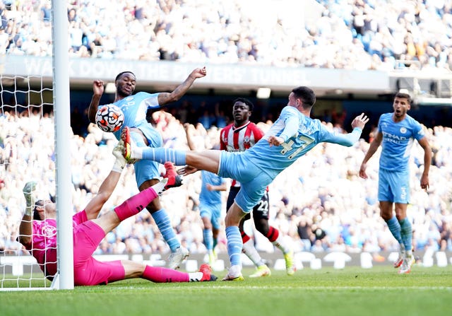 Raheem Sterling 'scores' a disallowed goal after Phil Foden's effort against Southampton was saved