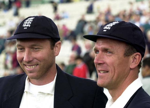 Stewart (right) and Mike Atherton (left) earned their 100th Test caps in the same match