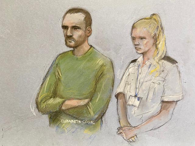Court artist drawing of Marcus Arduini Monzo accompanied in court by a prison guard