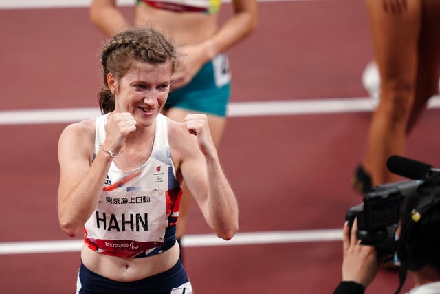 Great Britain's Sophie Hahn celebrates winning gold in the women's 100m – T38