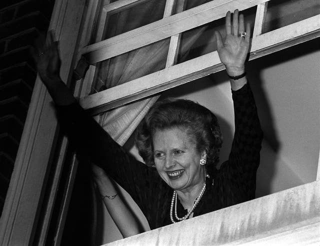 Prime Minister Margaret Thatcher waves to well-wishers following her win in the 1983 UK general election (PA)