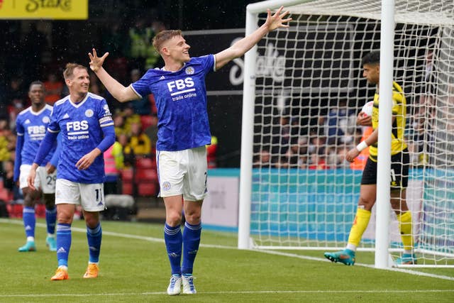 Leicester City’s Harvey Barnes celebrates scoring his sides fifth goal of the game during the Premier League match at Vicarage Road, Watford. Picture date: Sunday May 15, 2022