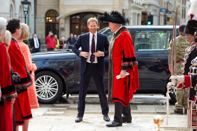 The Duke of Sussex is greeted by Peter Estlin, the Lord Mayor of the City of London