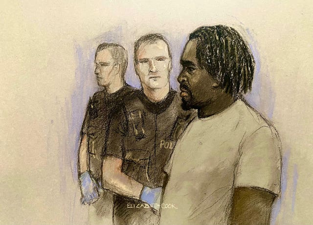 Court artist drawing of Anthony Esan, right, appearing at Medway Magistrates’ Court in Chatham, Kent, in July last year
