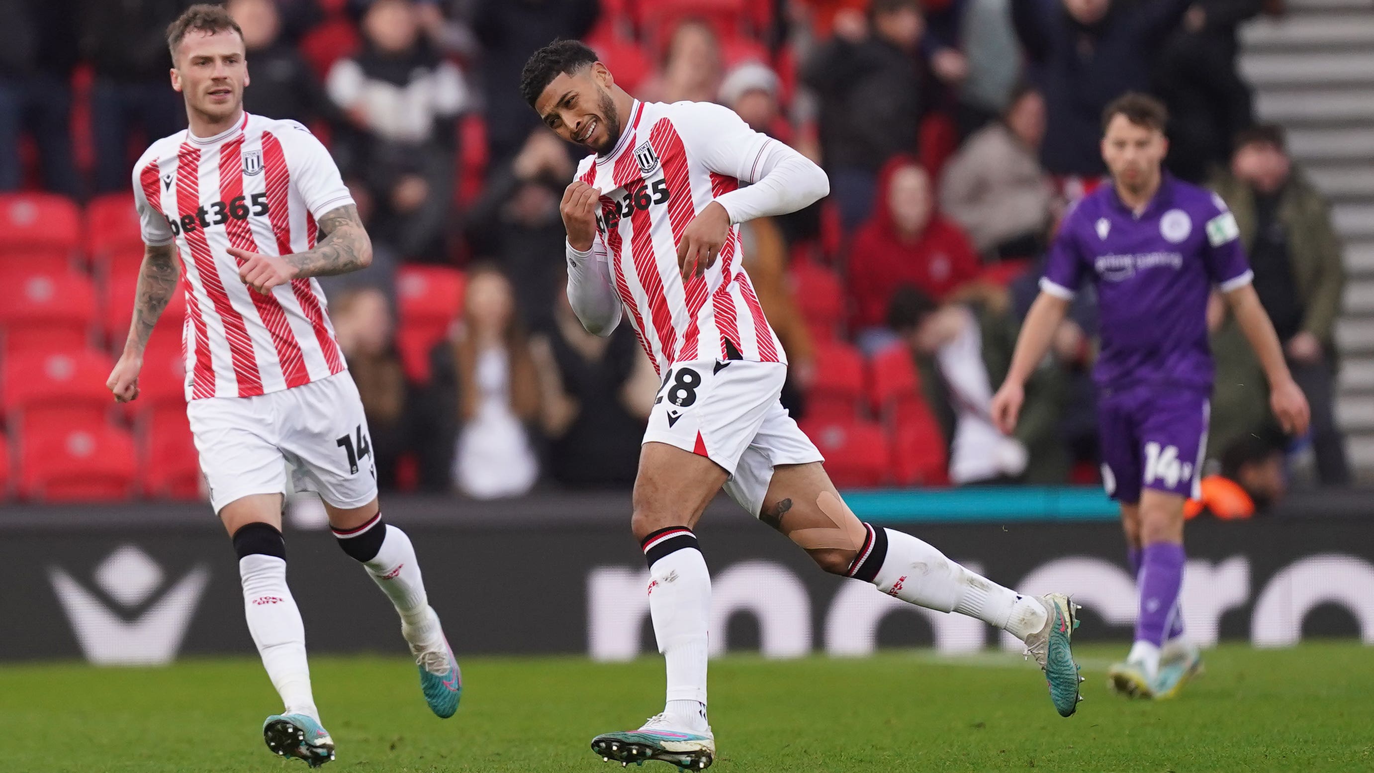 Josh Laurent celebrates scoring Stoke’s second goal (Mike Egerton/PA)