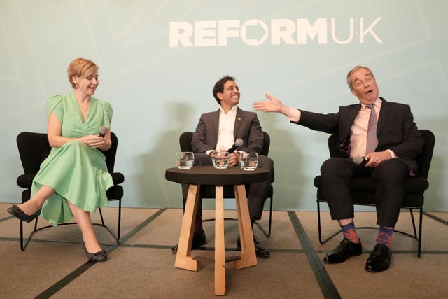 Dame Andrea Jenkyns, Reform UK chairman Zia Yusuf and Reform UK leader Nigel Farage during a press conference at The May Fair hotel in central London