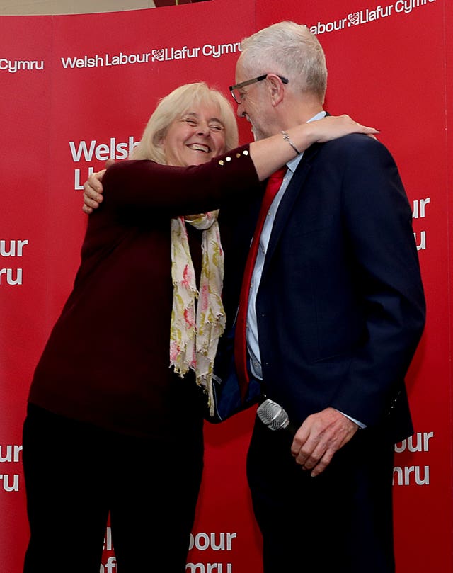 Labour leader Jeremy Corbyn celebrates with Ruth Jones 