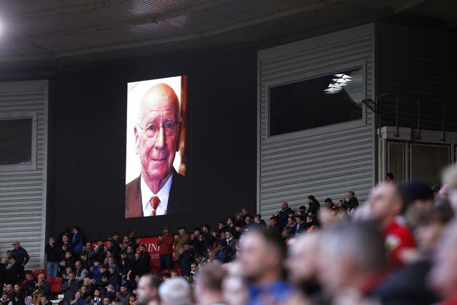 The image of former Manchester United and England player Sir Bobby Charlton is shown at Middlesbrough's game with Birmingham