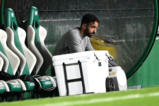 Sporting manager Ruben Amorim looks on from the dugout 