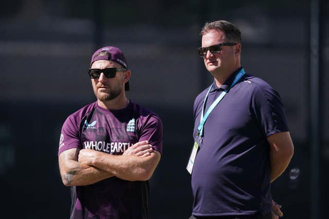 Brendon McCullum (left) and Rob Key (right) watching England at practice.