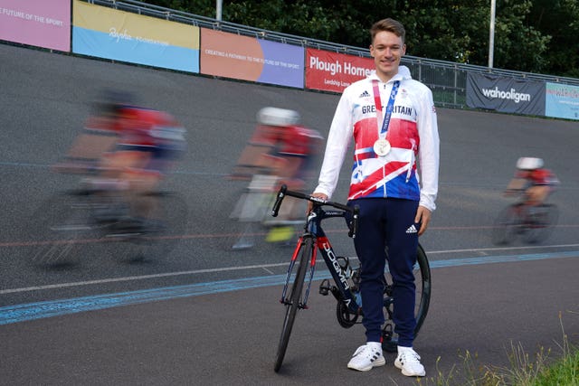 Cyclist Ethan Hayter at a homecoming party at Herne Hill Velodrome in south London