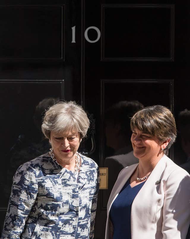Prime Minister Theresa May greets DUP leader Arlene Foster outside 10 Downing Street 