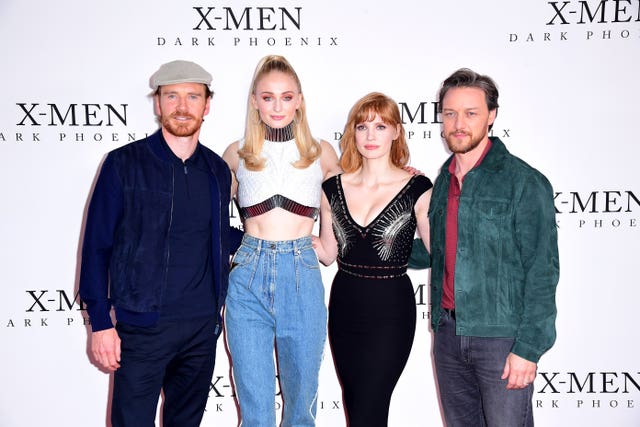 Michael Fassbender (left to right), Sophie Turner, Jessica Chastain and James McAvoy  at the X-Men: Dark Phoenix Photocall – London