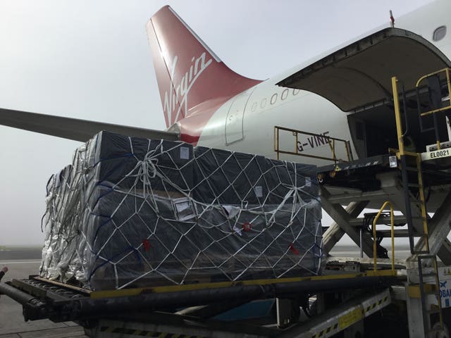 Emergency supplies being loaded up on to a plane at Heathrow bound for Turkey
