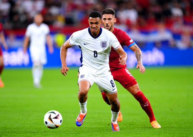 England’s Trent Alexander-Arnold attempts to control the ball while playing in midfield against Serbia
