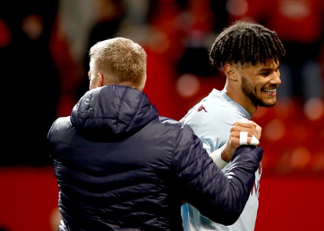 Aston Villa’s Tyrone Mings with manager Dean Smith after the final whistle