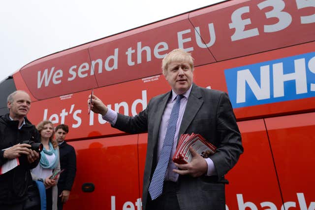 Boris Johnson speaking in front of the Vote Leave battlebus in the 2016 referendum campaign 