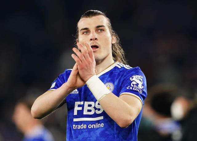 Leicester City’s Caglar Soyuncu applauds the fans following the UEFA Europa Conference League round of sixteen first leg match at the King Power Stadium, Leicester