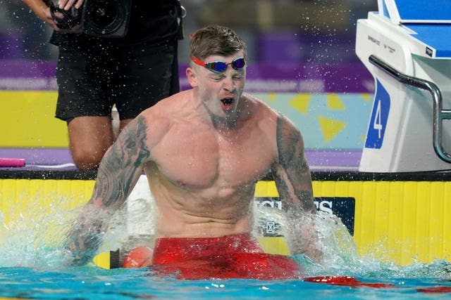 Adam Peaty celebrates after winning the Men's 50m Breaststroke Final at Sandwell Aquatics Centre on day five of the 2022 Commonwealth Games in Birmingham