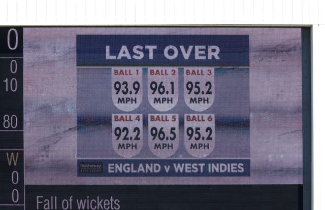 The Trent Bridge scoreboard shows Mark Wood's speeds