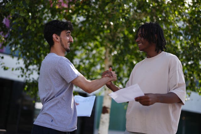 Students Sahl Yildiz (left) and Mario Godinho receive their A-level results at Ark Globe Academy in south east London