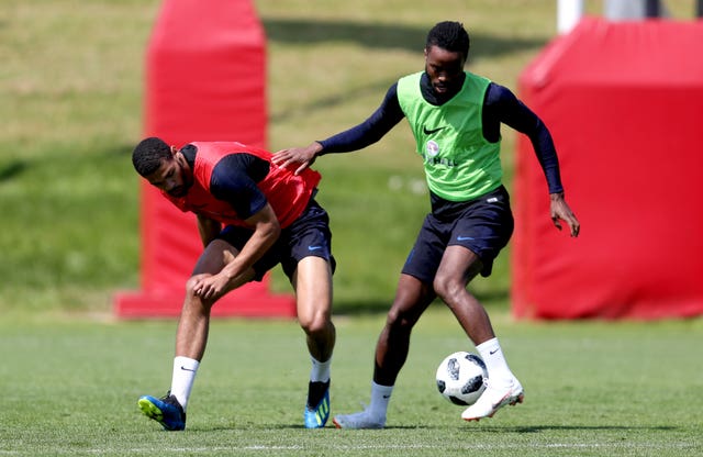 England’s Ruben Loftus-Cheek and Nathaniel Chalobah during a training session at St George’s Park, Burton (David Davies/PA)