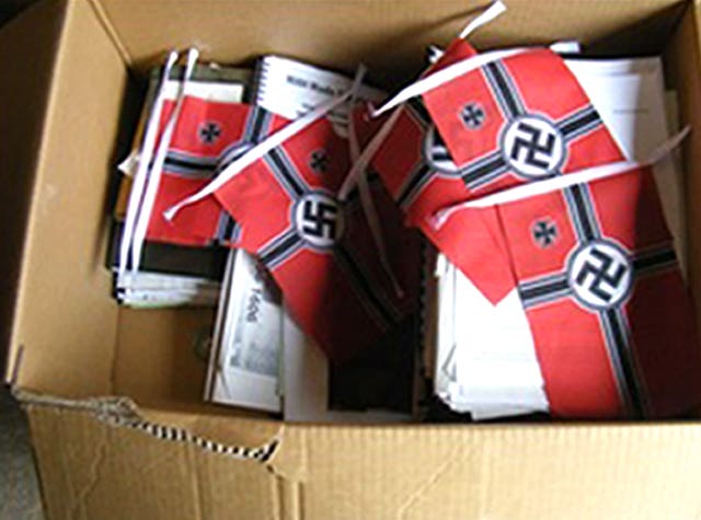 A box of Nazi flags found at Vehvilainen's home