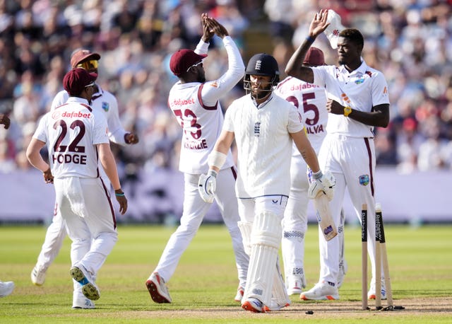 West Indies’ Alzarri Joseph celebrates the wicket of England’s Ben Duckett