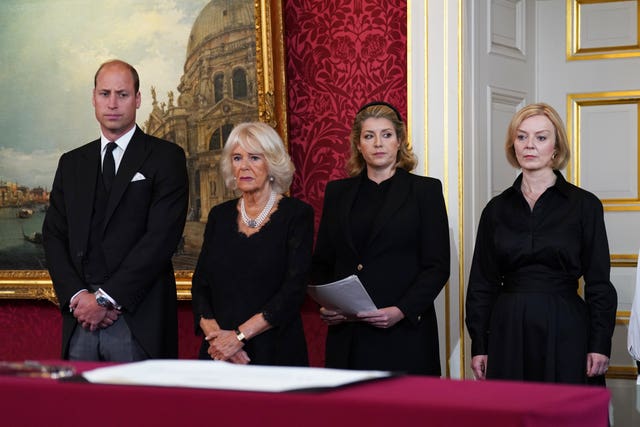 From left, the Prince of Wales, the Queen, Lord President of the Council Penny Mordaunt and Prime Minister Liz Truss during the Accession Council ceremony
