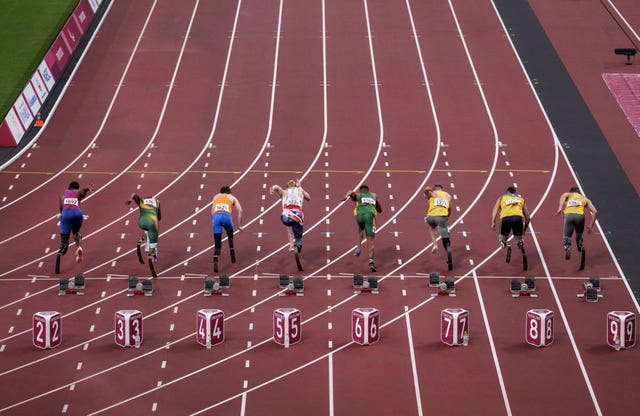 The start line for the men's 100m T64 round 1, heat 2 at the Paralympics in Tokyo