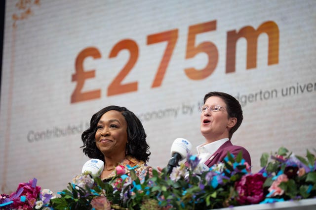 Shonda Rhimes and LSEG CEO Julia Hoggett open the London Stock Exchange, after announcing that the Bridgerton universe has boosted the UK economy by more than a quarter of a billion pounds