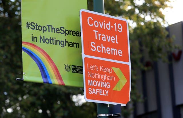 A Stop the Spread sign in Nottingham, where health officials are expecting the city to be placed in lockdown after a surge in Covid-19 cases (Mike Egerton/PA)