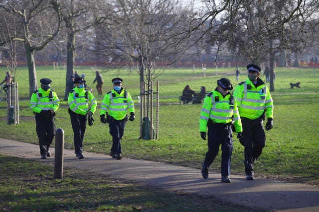 Police presence before a proposed anti-lockdown protest in Clapham Common, London, on Saturday