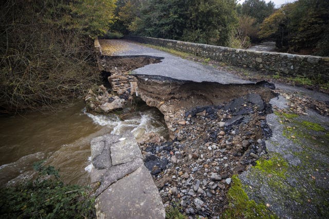 River Big Bridge the has partly collapsed with heavy rain and flooding, outside in Carlingford, Co. Louth. 