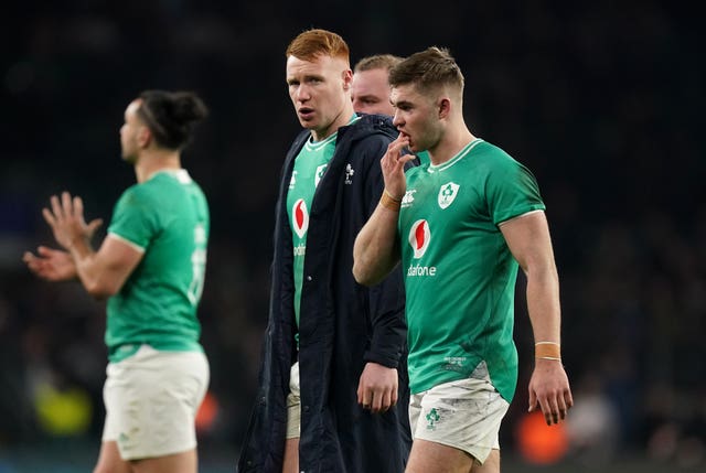 Ciaran Frawley, centre, will provide back up for Jack Crowley at Twickenham