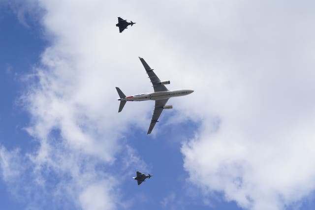 An Airbus KC2 Voyager (A330-243MRTT) operated by the UK Government and two RAF Eurofighter Typhoons formed the flypast over Horse Guards Parade