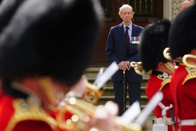 The Duke of Kent watches the march past outside the Royal Military Chapel (The Guards’ Chapel) in Westminster, London