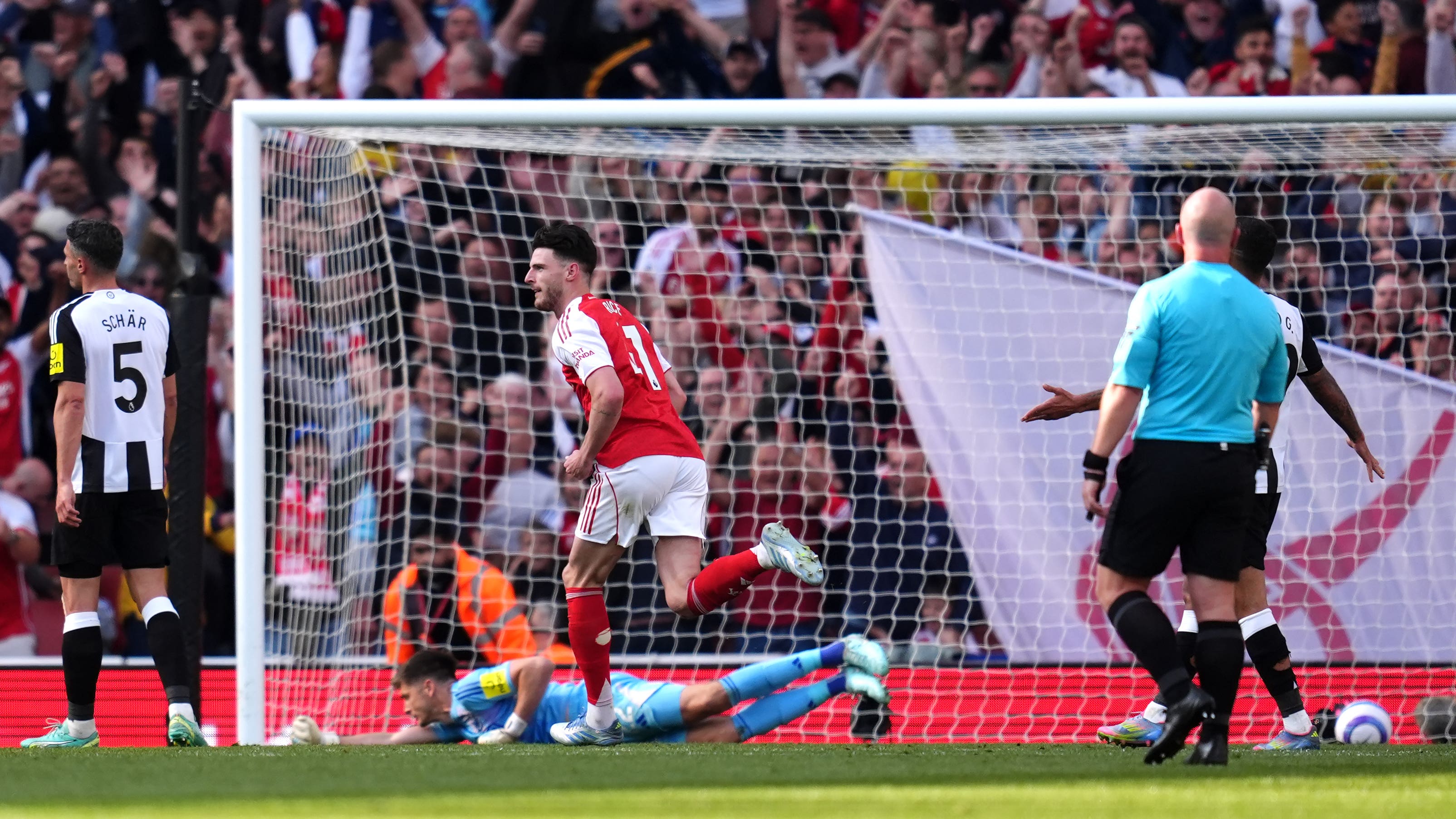 Declan Rice (centre) celebrates the winning goal (Adam Davy/PA)