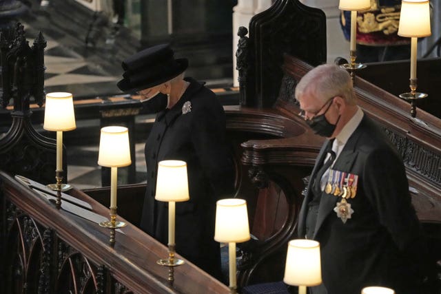 The Queen and the Duke of York during the funeral of the Duke of Edinburgh