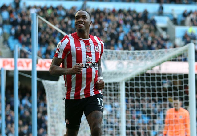 Brentford’s Ivan Toney celebrates scoring at Manchester City