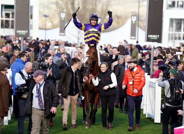 Derek Fox celebrates after winning the Ultima for a second time on Corach Rambler