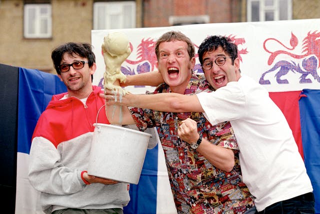 Ian Broudie from the Lightening Seeds (left to right), comedians Frank Skinner and David Baddiel