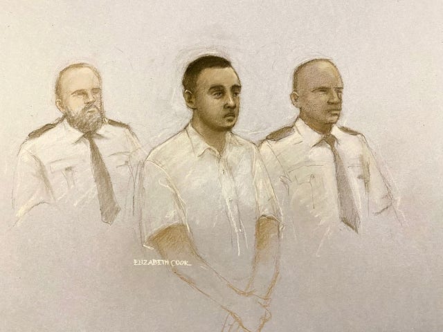 Court artist sketch of Nasen Saadi appearing at Winchester Crown Court